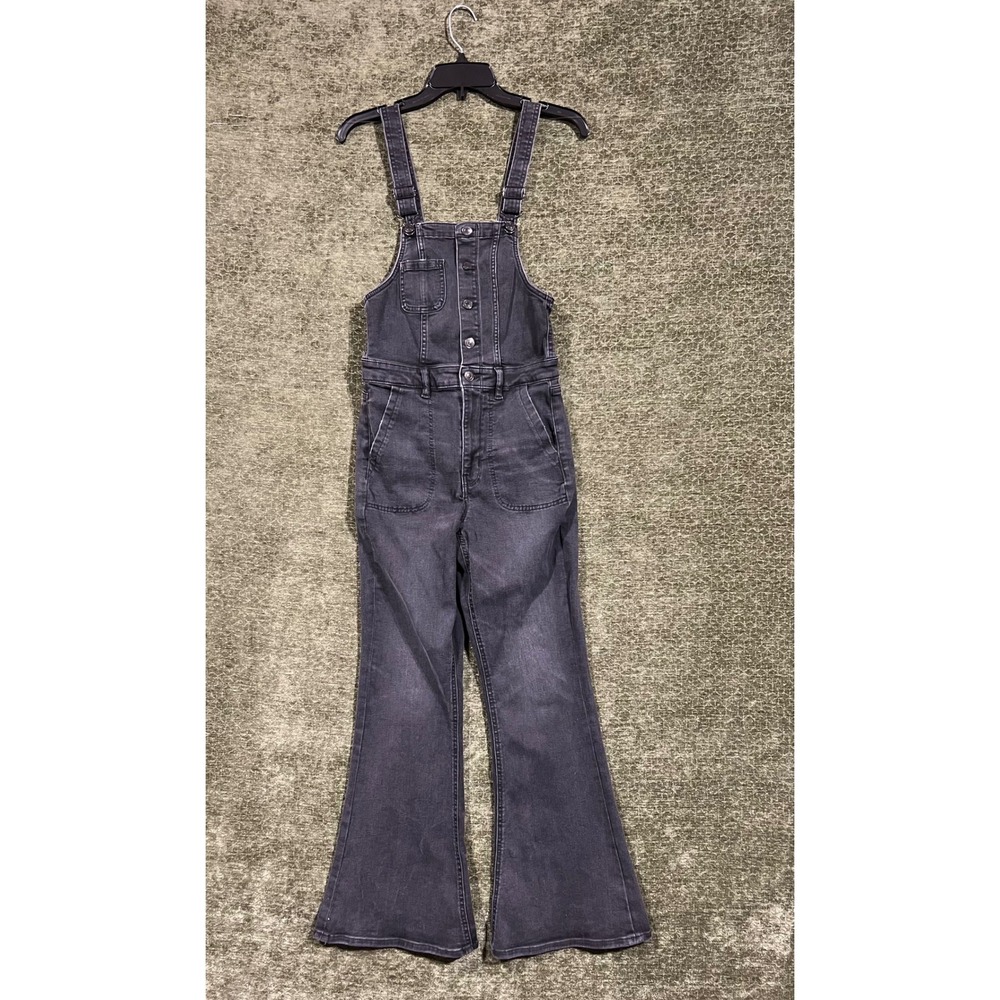 American Eagle Flare Overall Womens 6 Short Black Washed Denim Stretch Bib